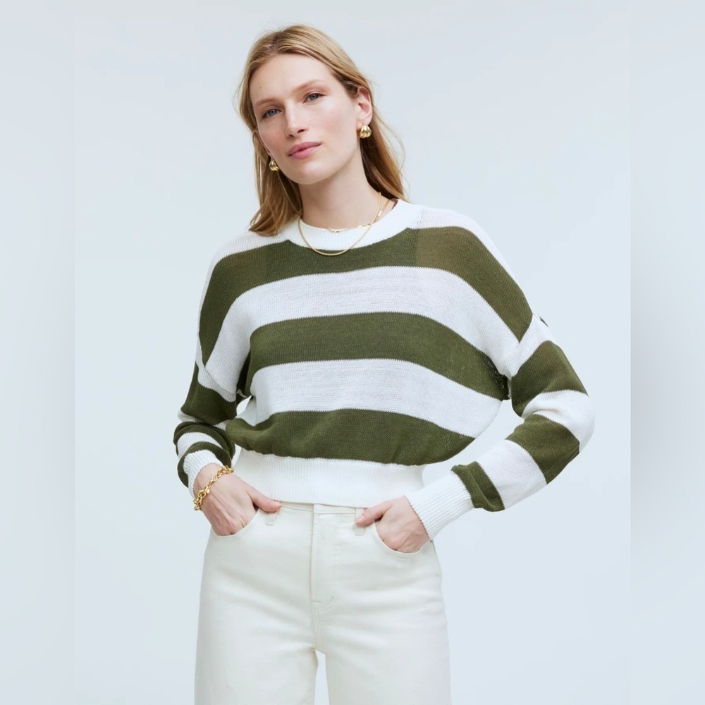 Madewell Loose-Knit Green Striped Open Knit Crewneck Sweater sz XS